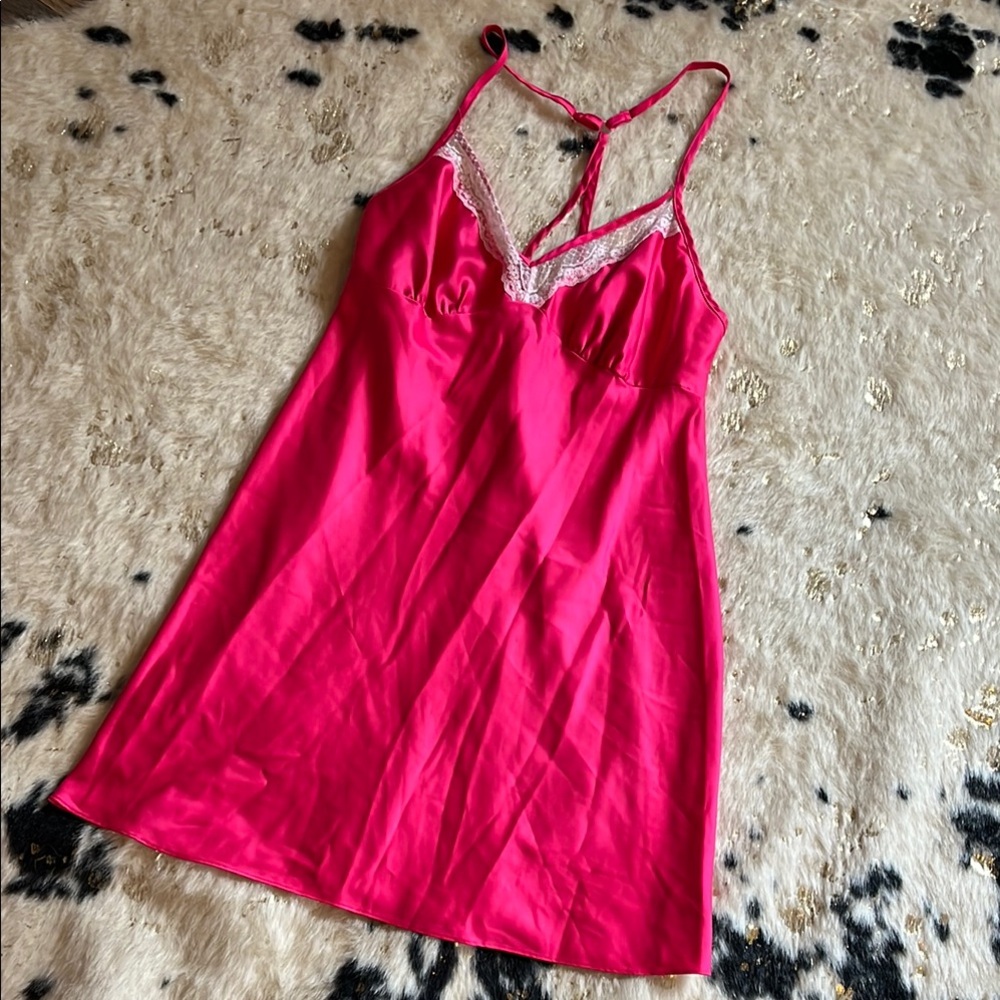 Vibrant Pink Lace Trim Chemise with Spaghetti Straps